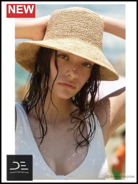 Natural Raffia Straw Bucket Hat Handmade Woven Foldable Sun Hat